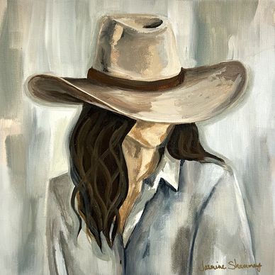 Original acrylic painting of a woman in a wide-brim cowboy hat by Jasmine Shammay.