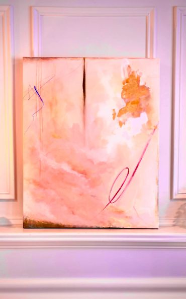 Abstract painting with soft pink tones and delicate line accents.