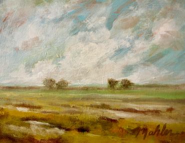 Impressionist landscape painting of a cloudy sky over a grassy field.