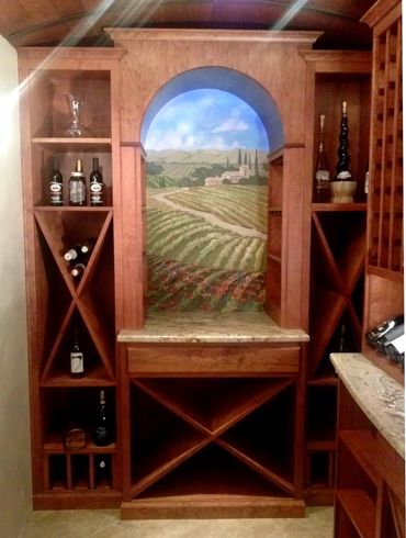 Wine cellar mural of Tuscan hills for Hasentree homeowner in Raleigh.