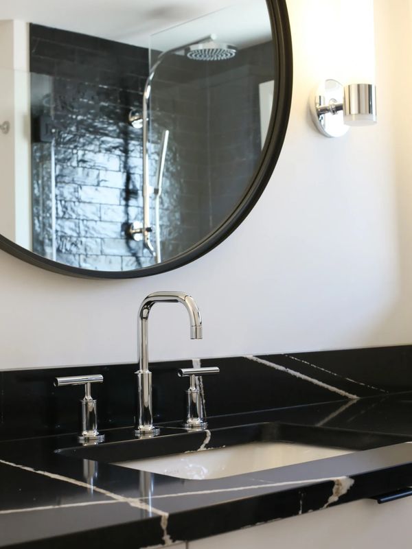 black and white bath, modern bath, silestone, kohler, urban bath, st. louis, interior designer