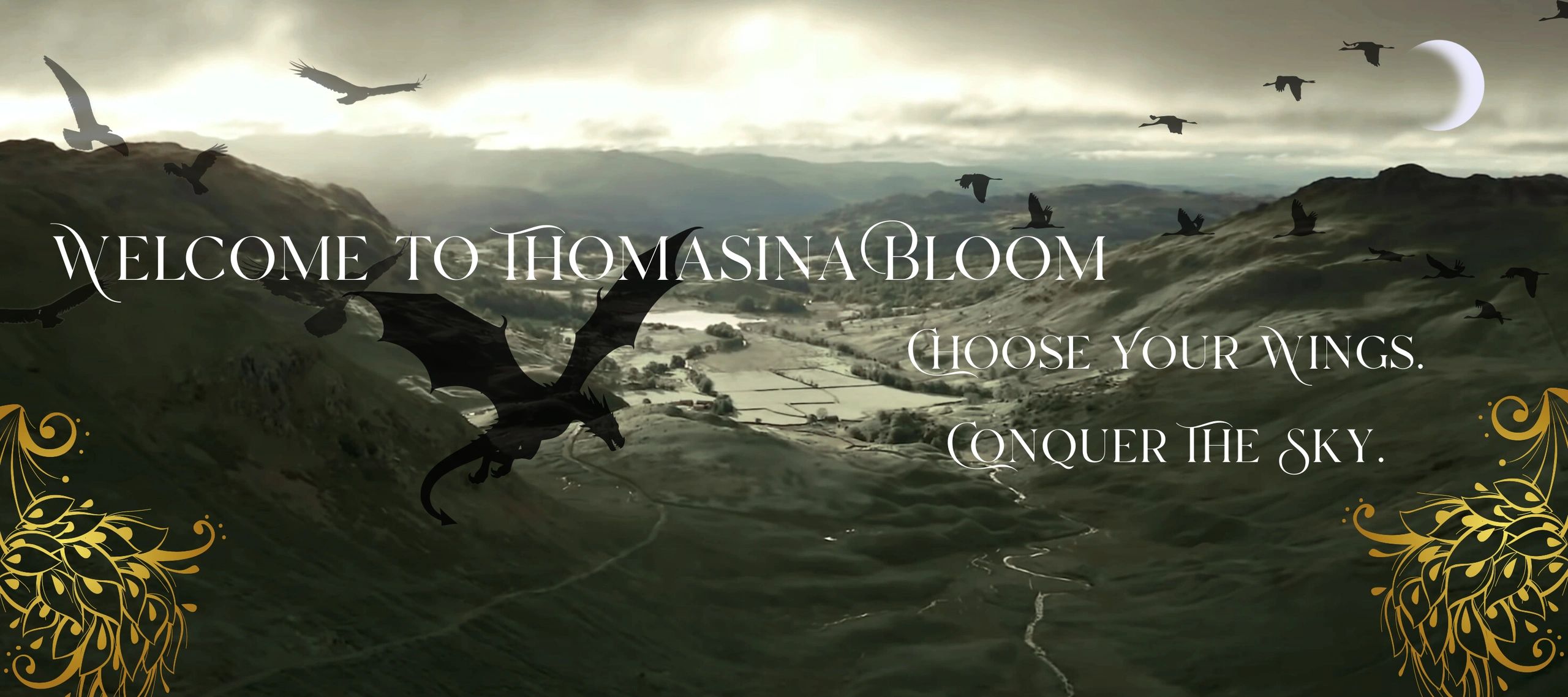 Fantasy landscape with flying dragons and birds, inviting to conquer the sky.