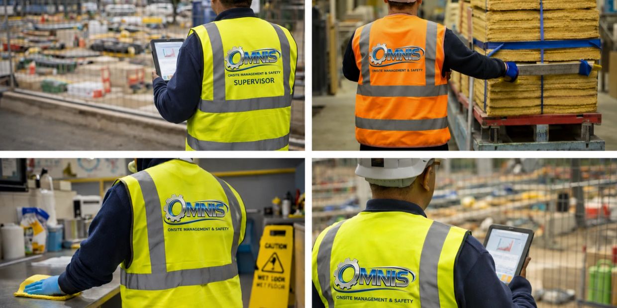 Workers in safety vests performing various tasks in a facility.