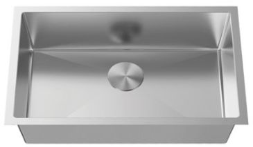 Rectangular stainless steel kitchen sink with a circular drain.