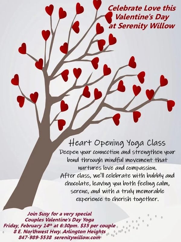 Valentine's Day yoga event with heart tree and celebration at Serenity Willow.