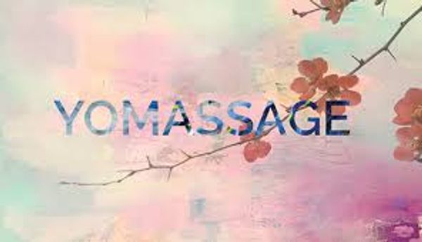 Artistic background with the word 'YOMASSAGE' and floral designs.