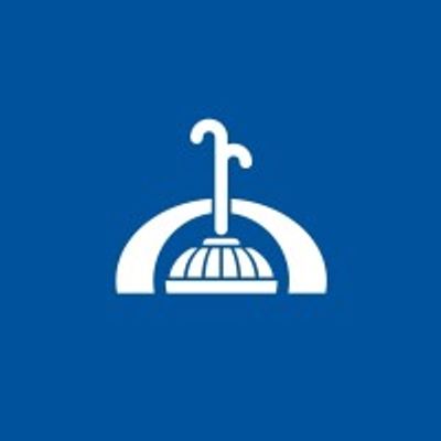 White faucet and drain icon on blue background.
