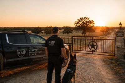 Security personnel and dog at a gated rural property during sunset.