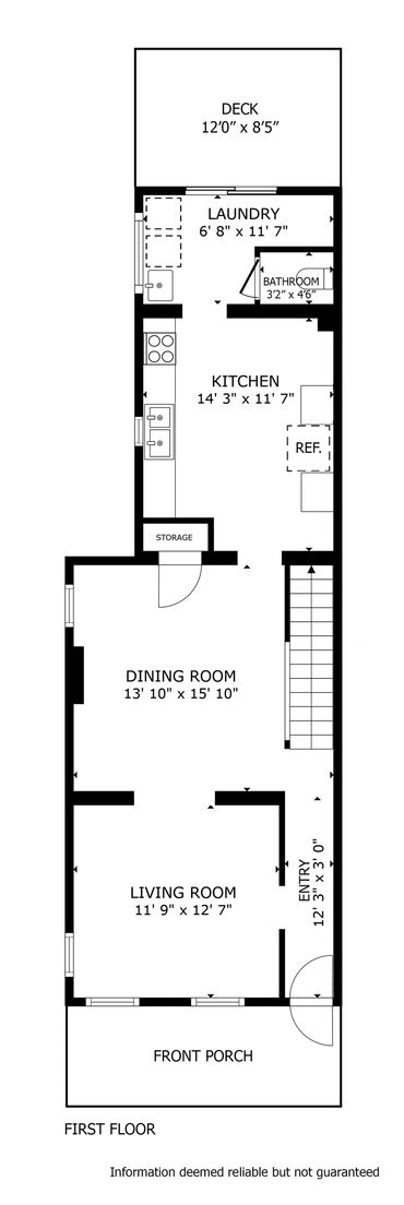 First floor plan with porch, living room, dining room, kitchen, laundry, and deck.
