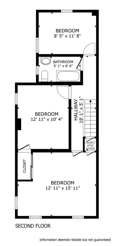 Floor plan of second floor with three bedrooms and one bathroom.