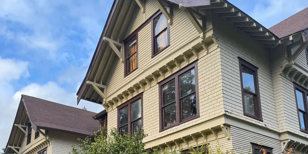 Angle view of The front of the Historic McCleary Hotel.