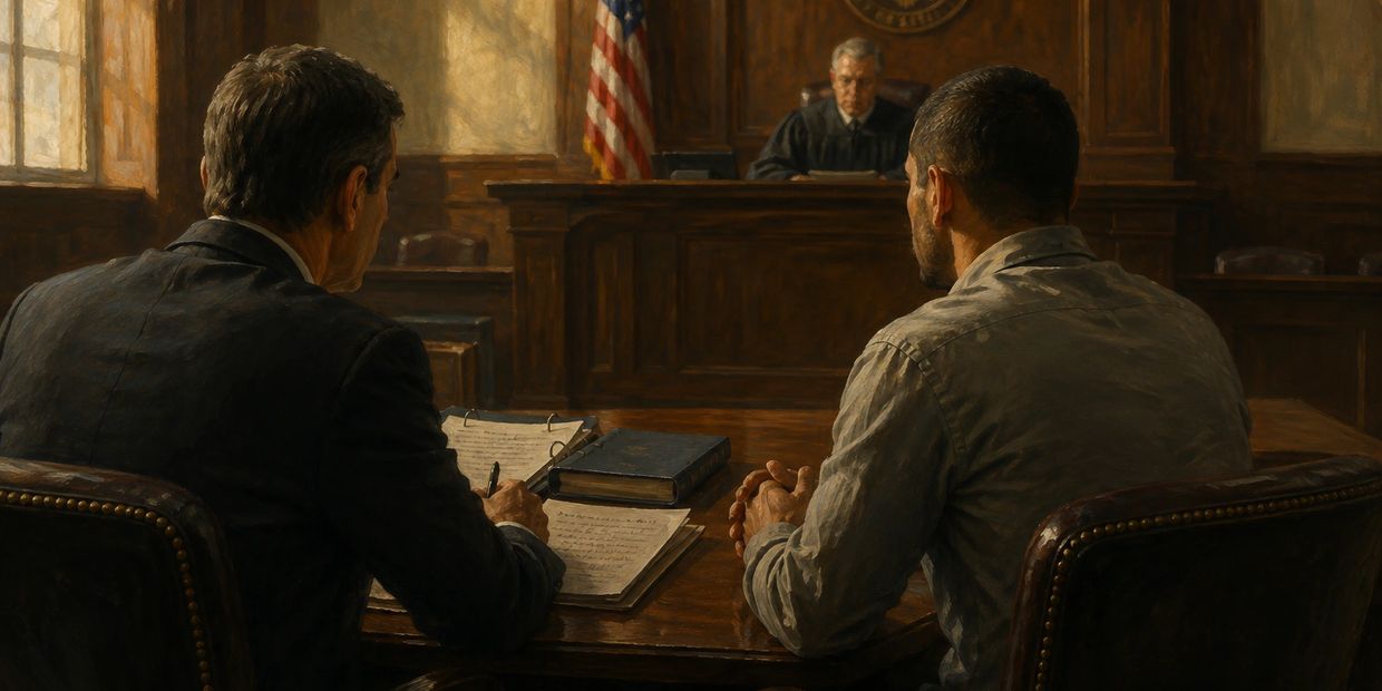 Courtroom scene with judge and two men at the table.
