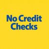 Bright yellow background with bold blue text saying 'No Credit Checks'.
