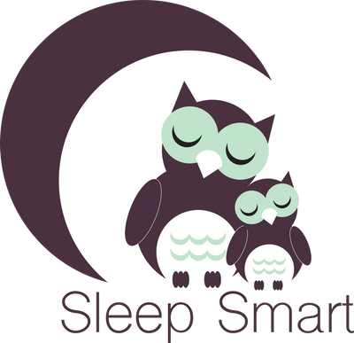 SleepSmart logo of a large and small owl sleeping under a crescent moon