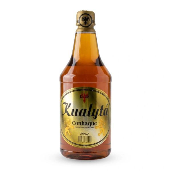 Garrafa de conhaque Kualytá com rótulo dourado.