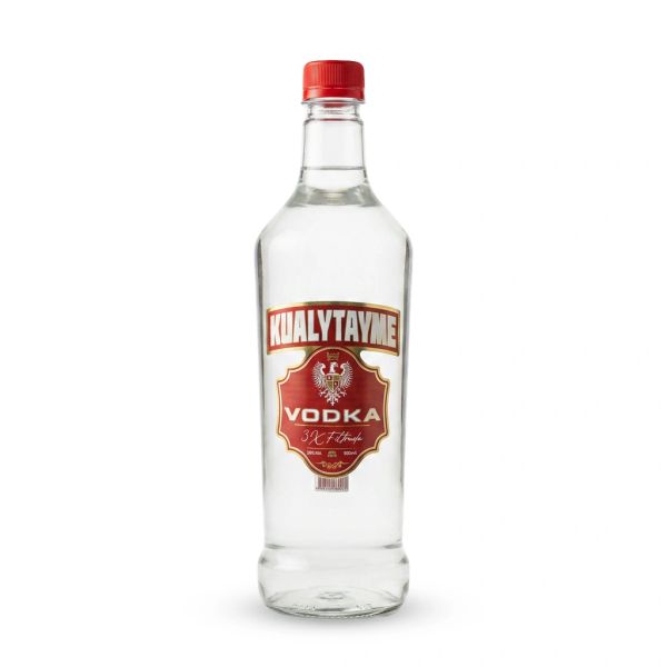 Bottle of Kualytayme vodka with red label and cap.
