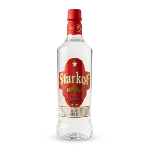 Bottle of Starkof vodka with red label and cap.