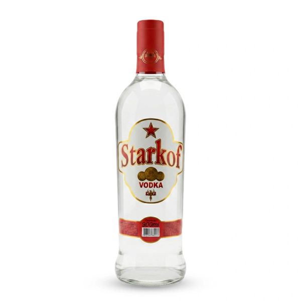 Garrafa de vodka Starkof transparente com tampa vermelha.