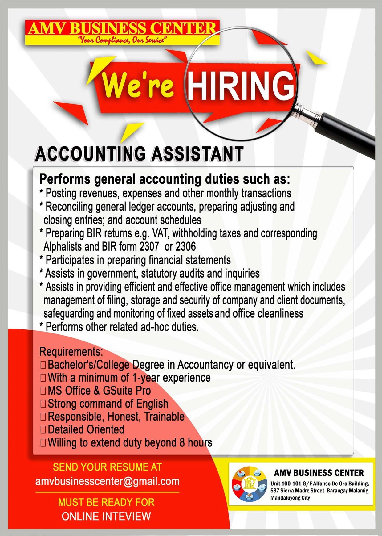 Accounting Assistant, General Accounting, Accounting job, accounting job in Mandaluyong, Accounting