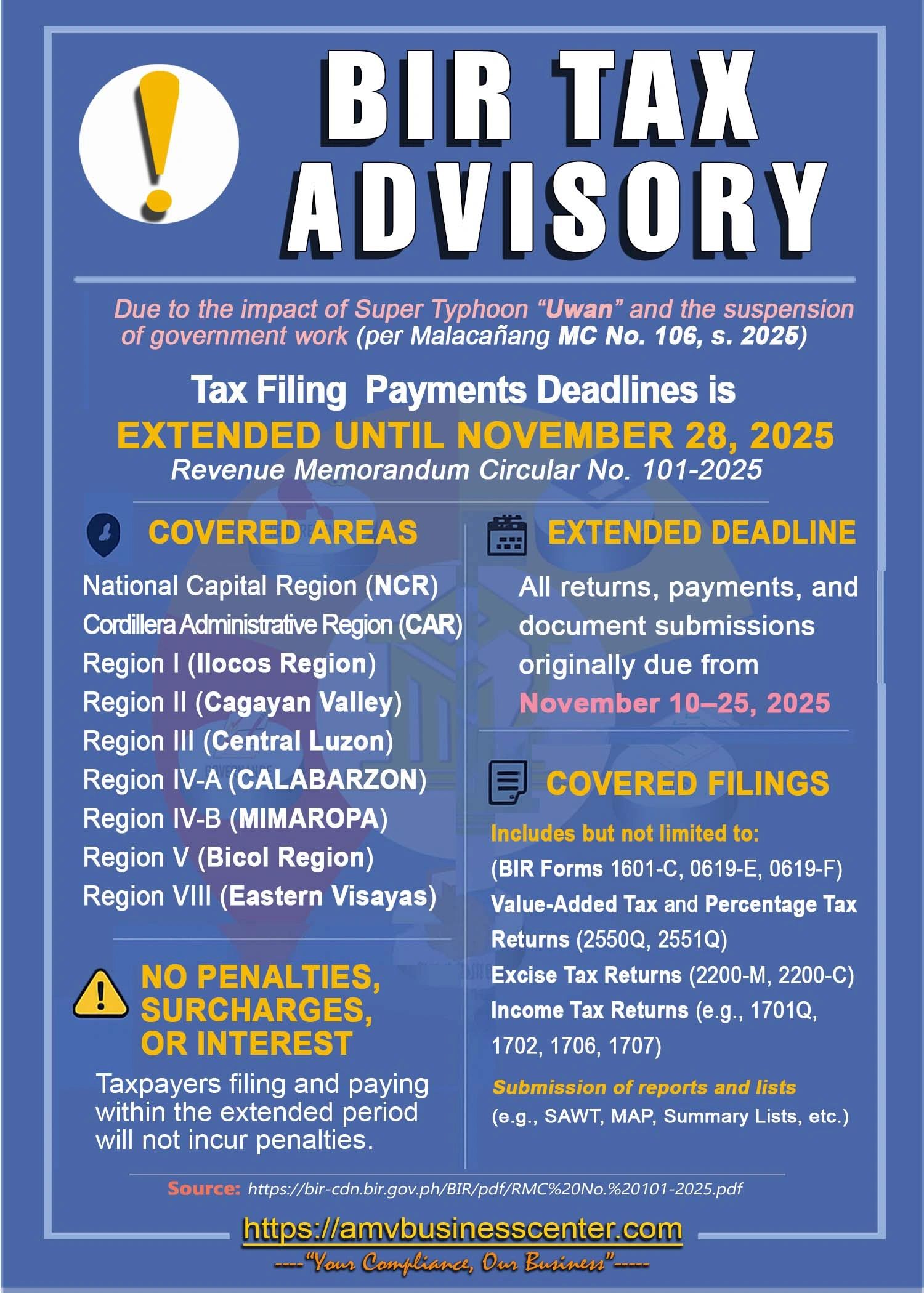BIR Tax filing payments deadline extension, BIR RMC No. 106, s.2025, BIR RMC No. 101-2025