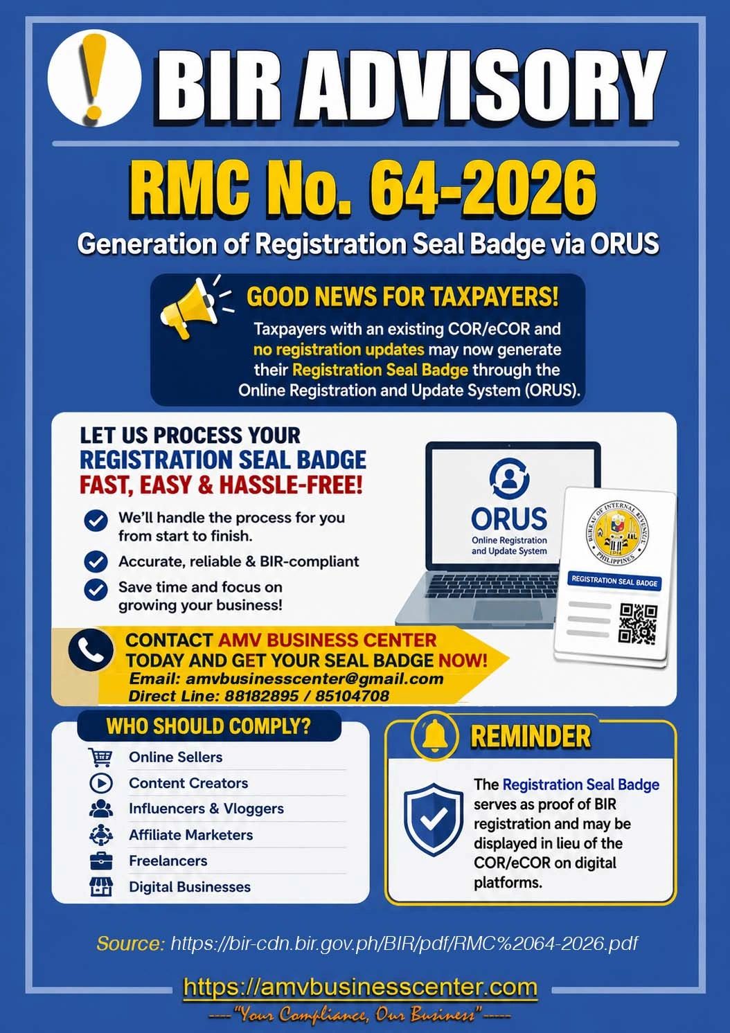 BIR RMC No. 64-2026, Generation of Registration Seal Badge via ORUS, BIR Taxpayers, COR or eCOR