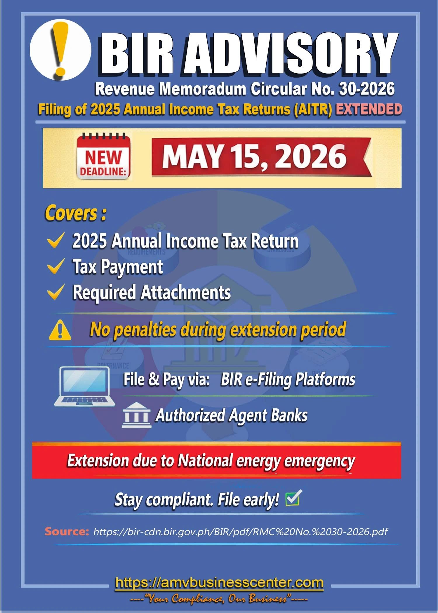 AITR 2025 filing & billing extension, BIR RMC No. 30-2026, Annual Income Tax Return, BIR Tax Payment