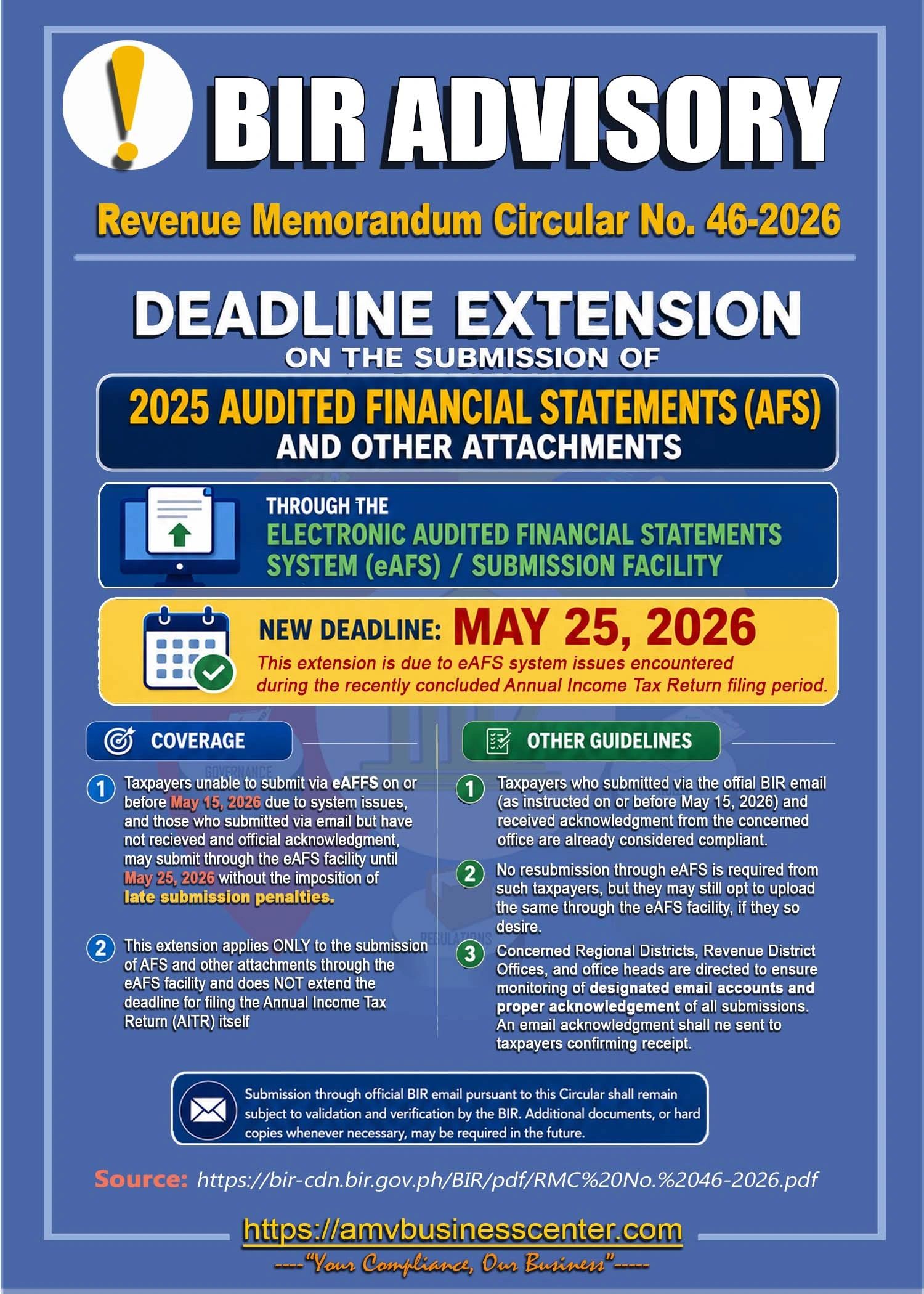 BIR RMC No. 46-2026 Deadline extension on the submission or 2025 Audited Financial Statements (AFS)