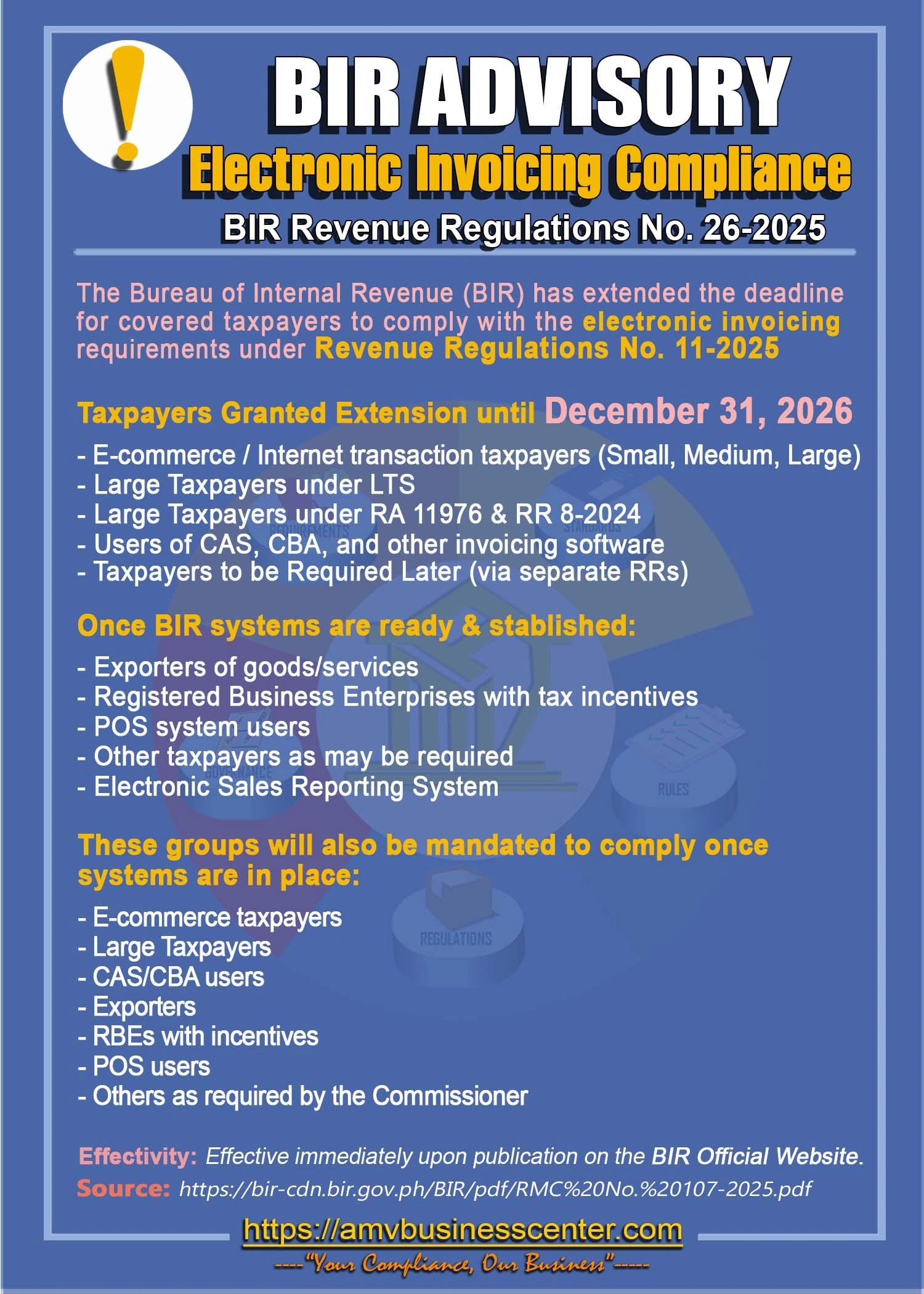 BIR Advisory Electronic Invoicing Compliance, BIR Revenue Regulations No. 26-2025, RR No. 11-2025