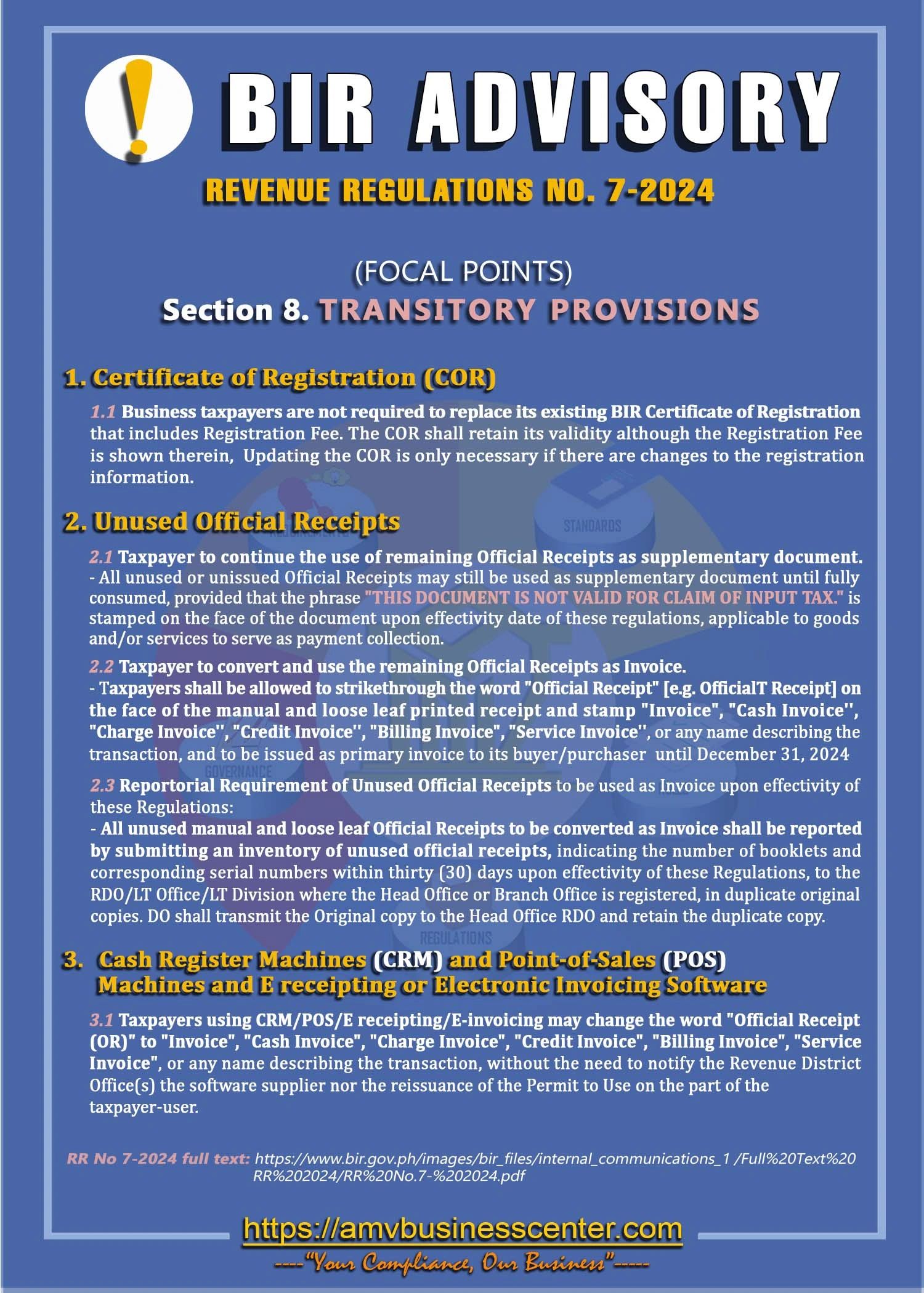 BIR ADVISORY, Revenue Regulations No. 7-2024, BIR RR No. 7-2024, COR, unused official receipts