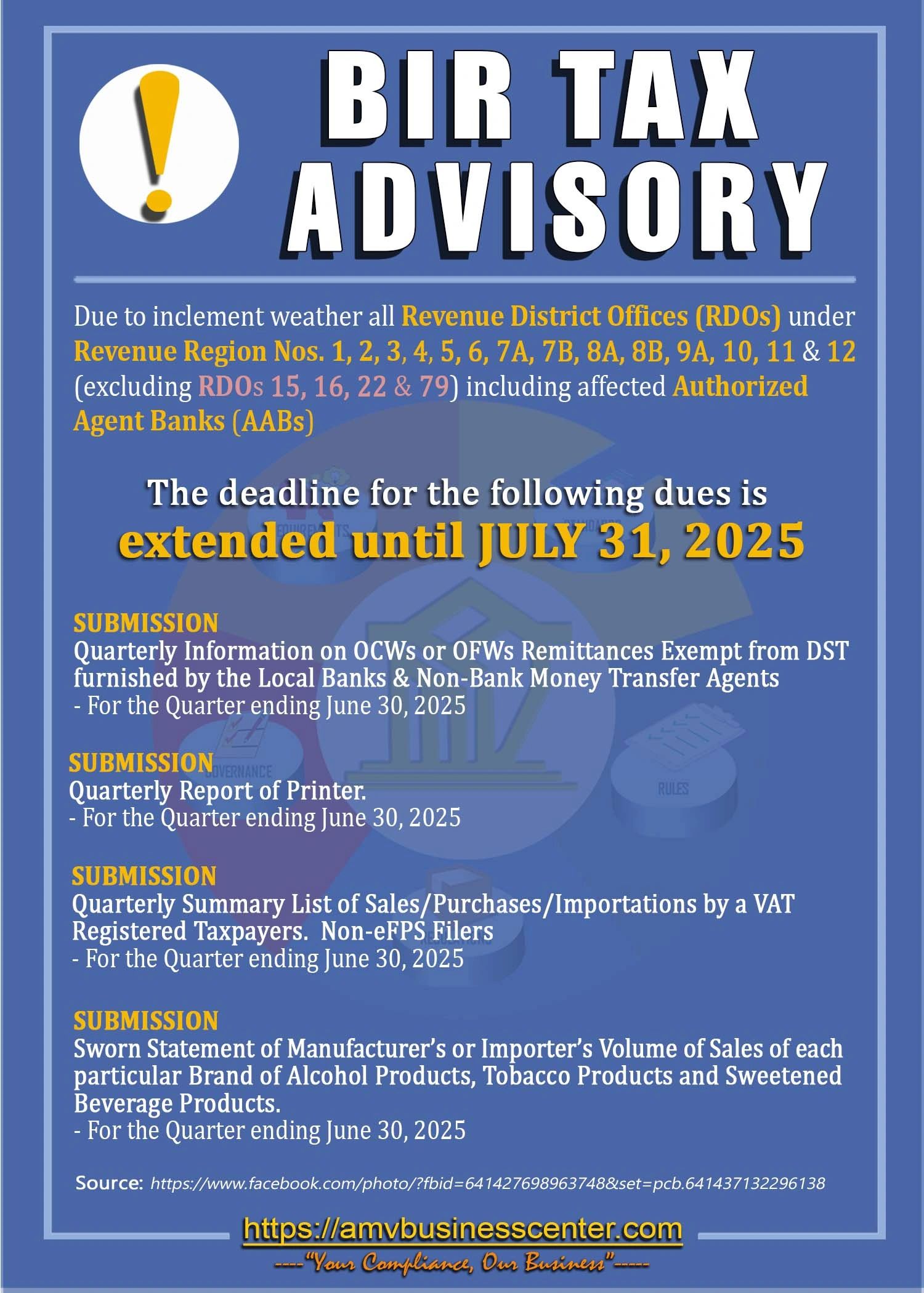 BIR Deadline tax payment and submission extended until July 31, 2025 due to inclement weather