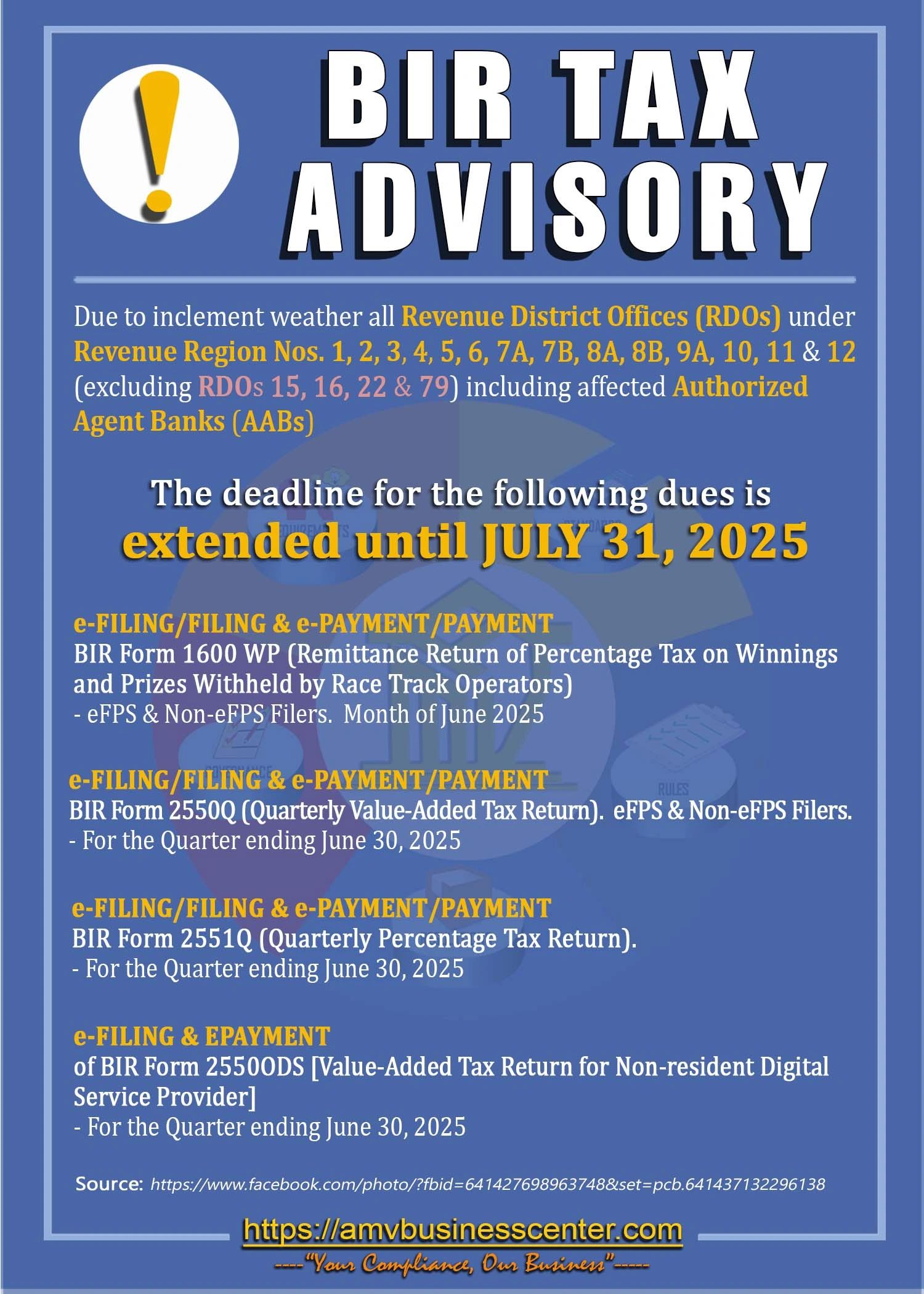 BIR Deadline tax payment and submission extended until July 31, 2025 due to inclement weather