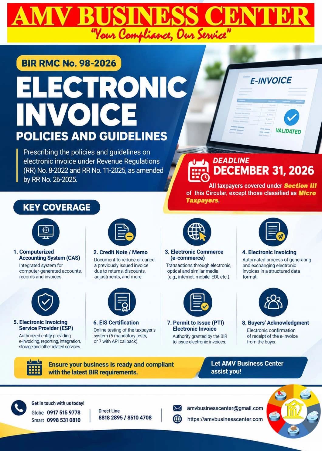 BIR RMC No. 98-2026 Electronic Invoice policies and guidelines, December 31, 2026 deadline 
