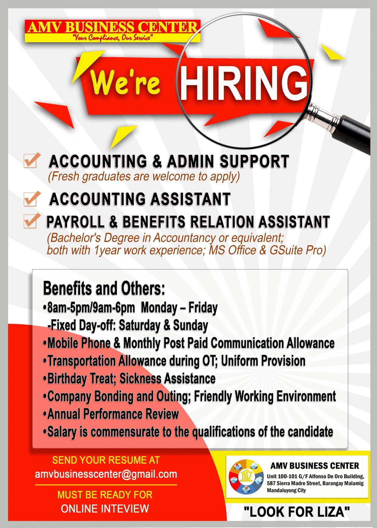 Accounting and Admin Support, Accounting Assistant, Payroll & Benefits Relation Assistant, hiring