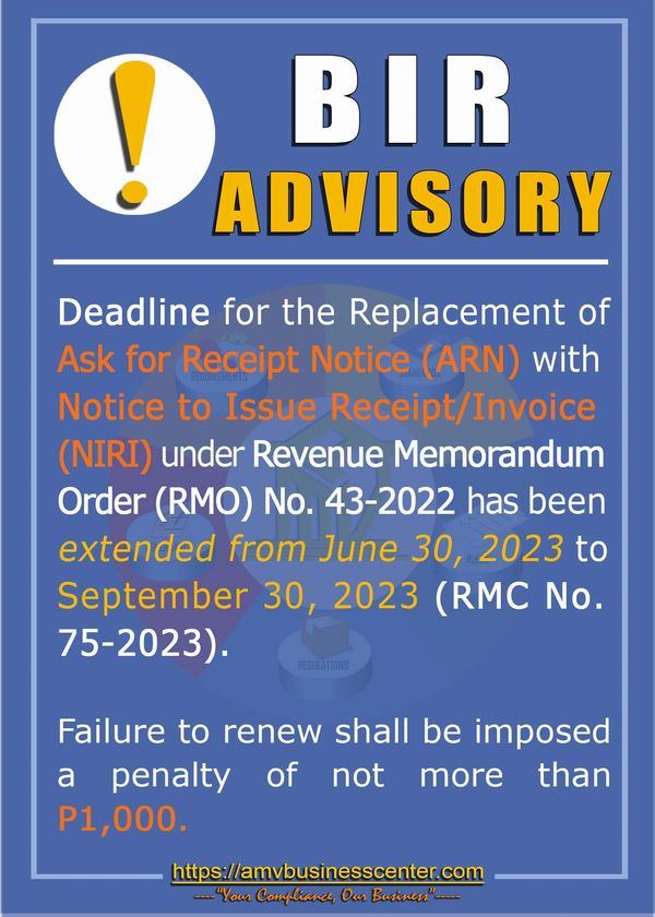 bir advisory, ask for receipt notice, notice to issue receipt/invoice extension, bir rmc no. 75-2023