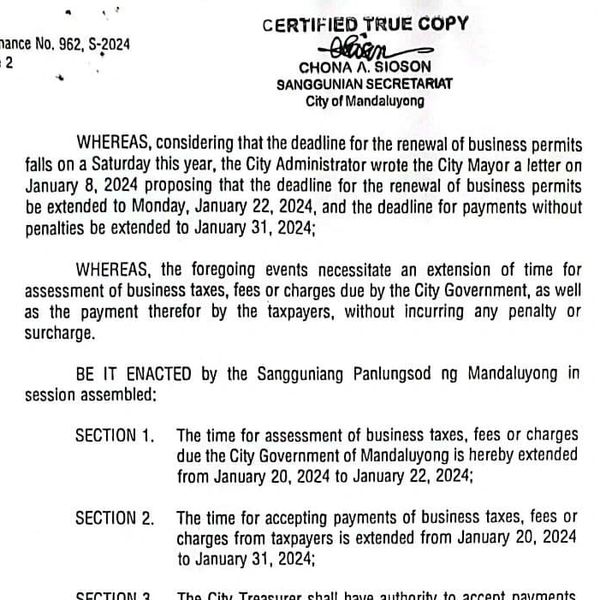 Mandaluyong Business Permits Payment Extension 2024 poster, Mandaluyong assessment and payments 2024