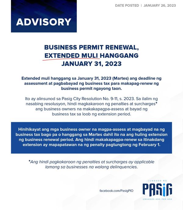 Pasig Business Application Extension 2023 Poster, Pasig Permit Renewal Extended until Jan. 31 2023