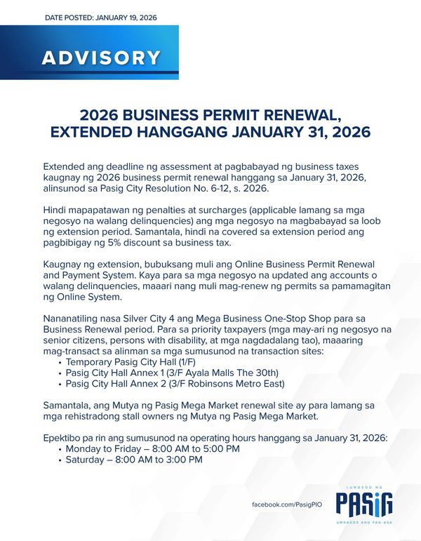 Pasig Business Application Extension 2026 Poster, Pasig Permit Renewal Extended until Jan. 31, 2026