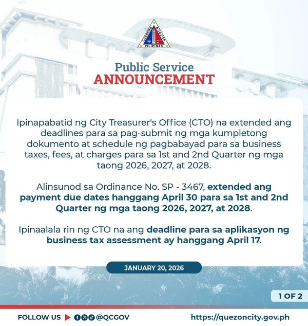 Quezon City Taxpayers 2026 Poster, Quezon City Business Tax Period Extended Payment 2026