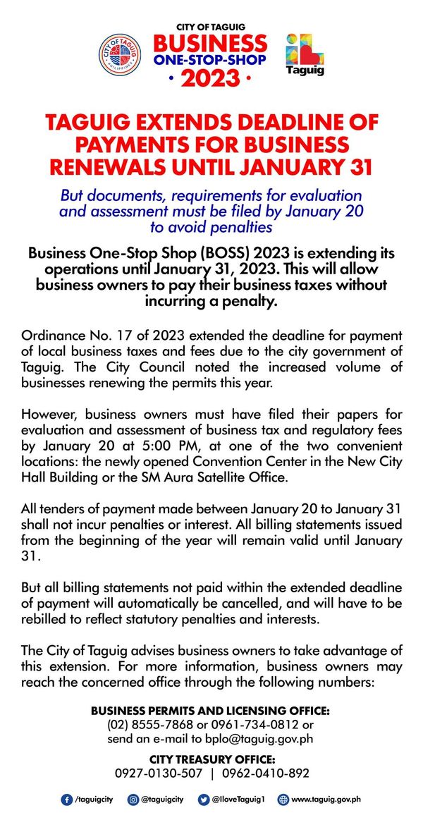 Taguig Business Renewal Payment Extension 2023 Poster, Taguig Business Renewal Extension for 2023