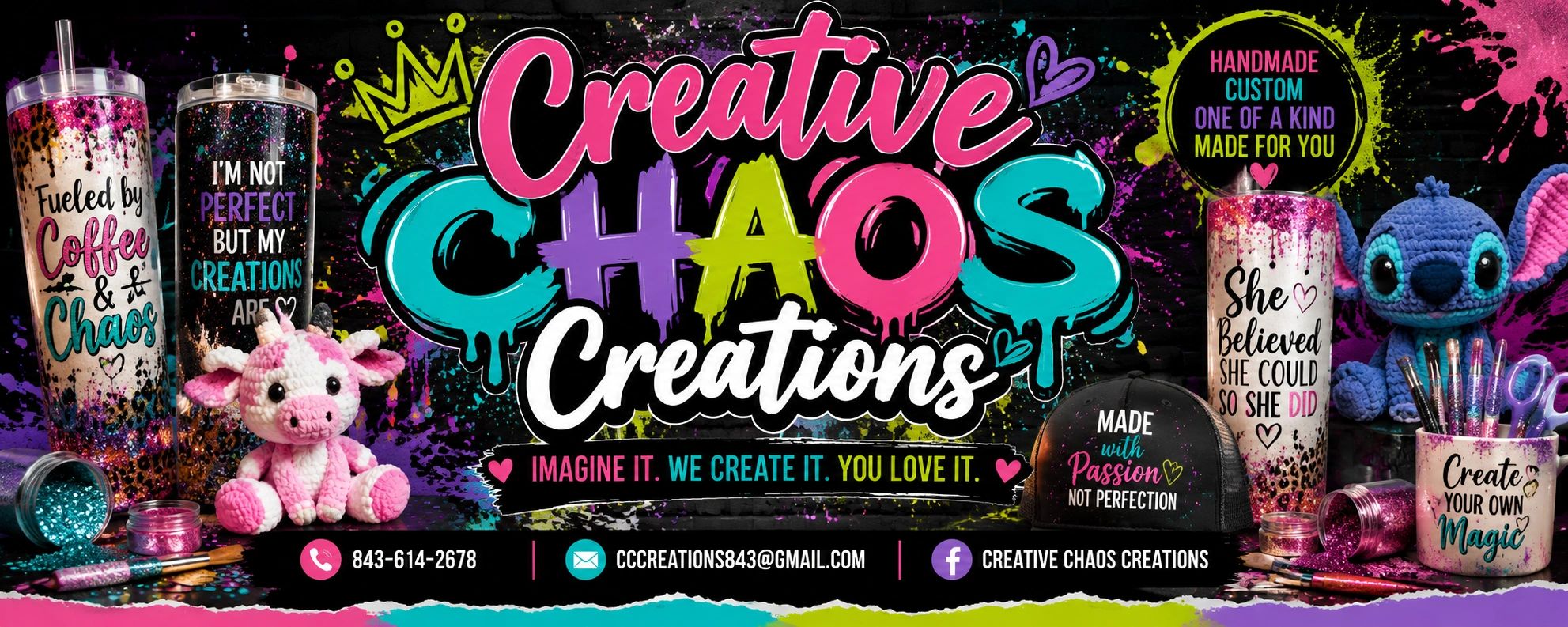 Colorful Creative Chaos Creations banner with custom tumblers, crafts, and contact info.