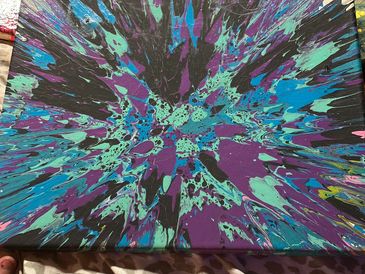 Abstract painting with vibrant splashes of blue, purple, and black.