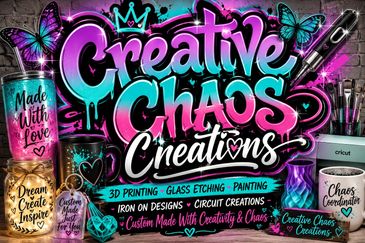 Colorful artistic sign for Creative Chaos Creations with butterflies and art supplies.