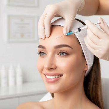 A woman receives a cosmetic injection in her forehead at a clinic.