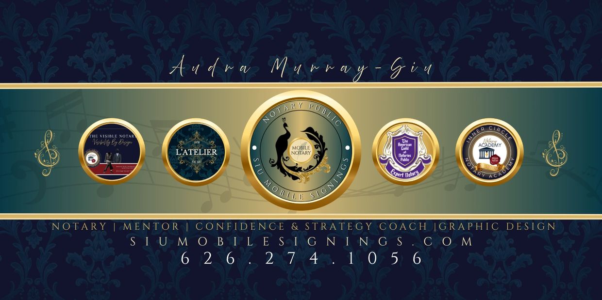 Business card for Audra Murray-Giu, a notary and mentor with mobile signing services.