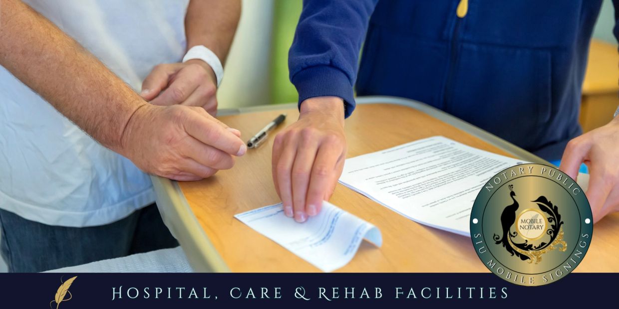 Person signing document at hospital with a notary logo.