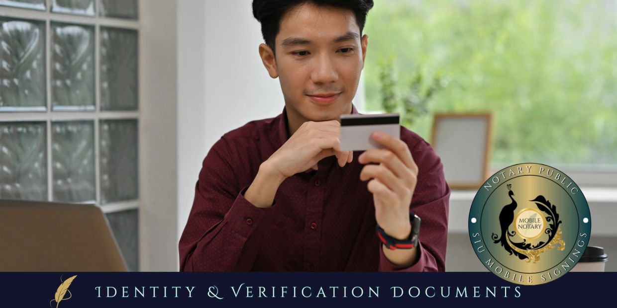 Man holding a card for identity verification with notary public logo.