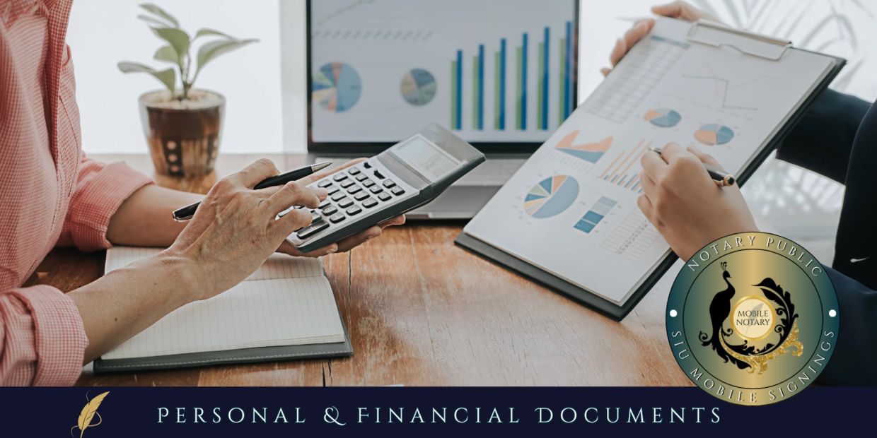 People analyzing financial documents with a calculator and charts.