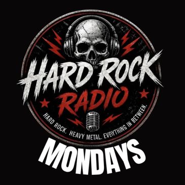 Hard Rock Radio logo with skull and headphones, promoting Mondays.