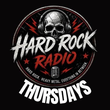 Hard Rock Radio logo featuring a skull with headphones and bold text for Thursdays.
