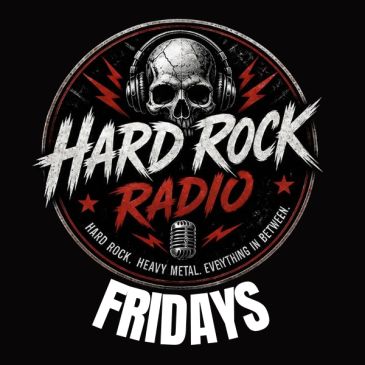 Hard Rock Radio logo featuring a skull with headphones and bold text for Fridays.